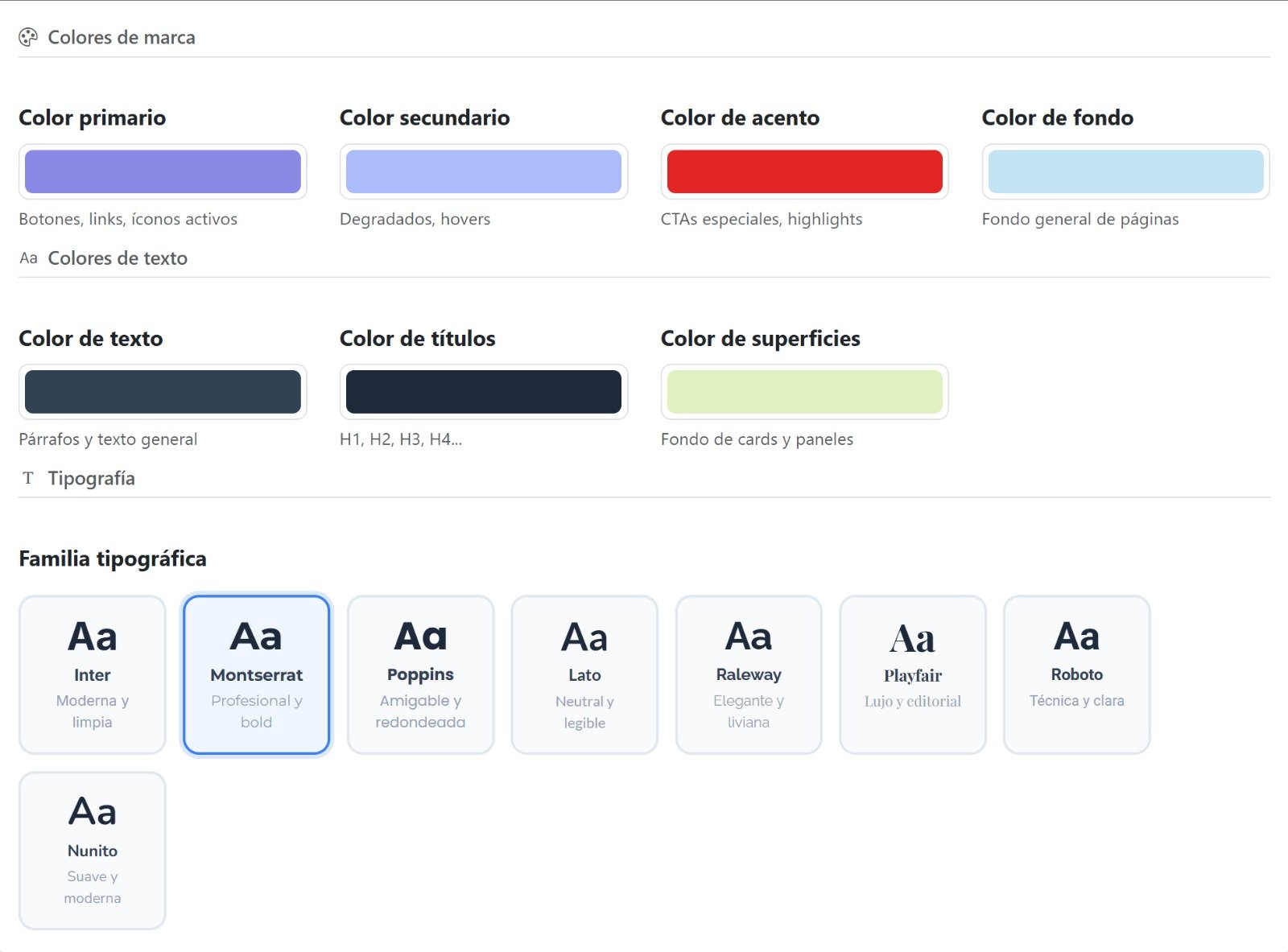 Personalización de marca para elegir colores primarios, secundarios, de acento y la tipografía del sitio inmobiliario