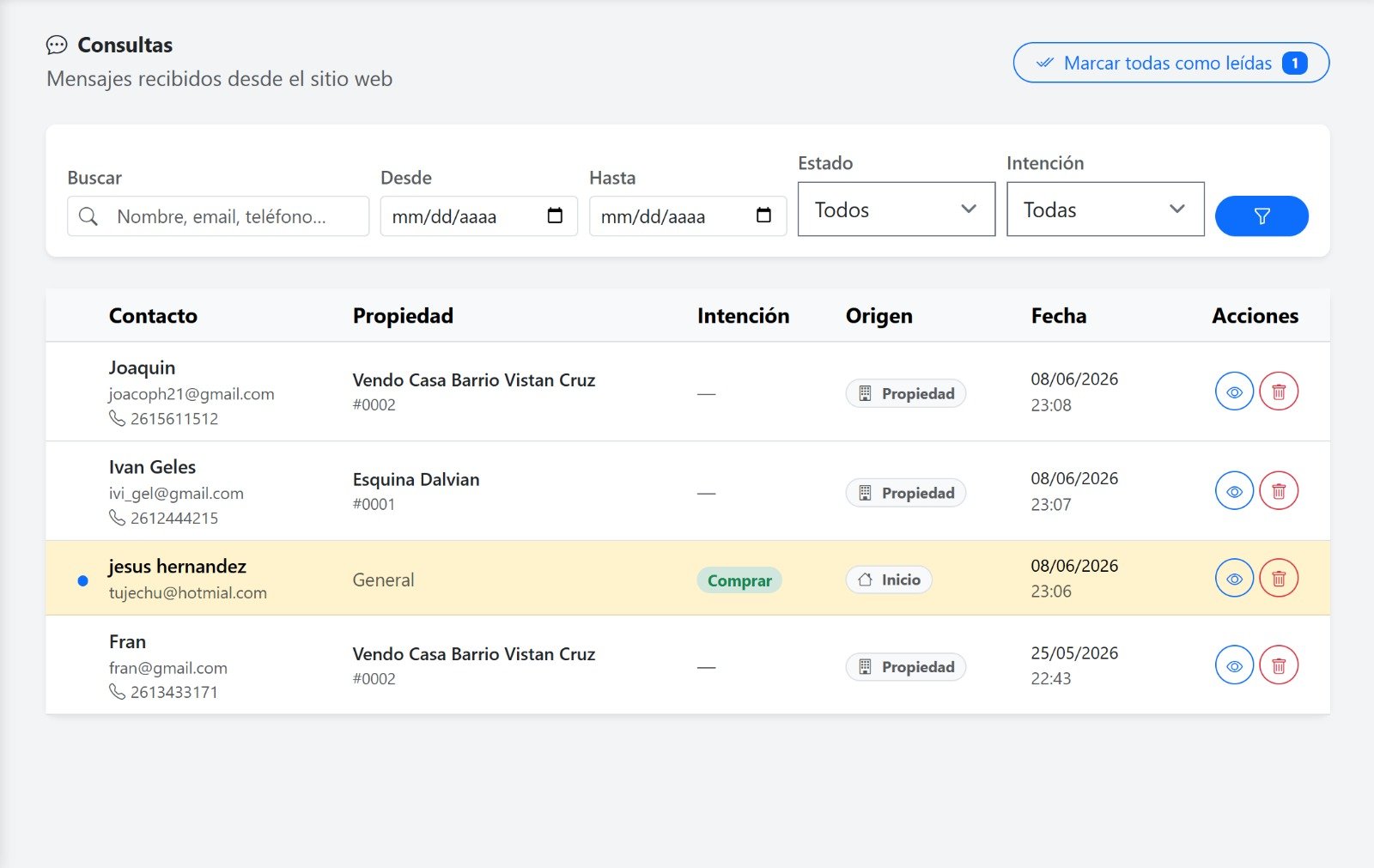 Bandeja de consultas recibidas desde el sitio web con datos de contacto, propiedad de interés, intención y fecha del mensaje