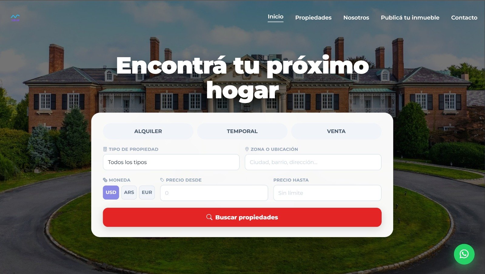 Buscador avanzado de propiedades por operación, tipo, zona, moneda y rango de precio en la portada del sitio inmobiliario