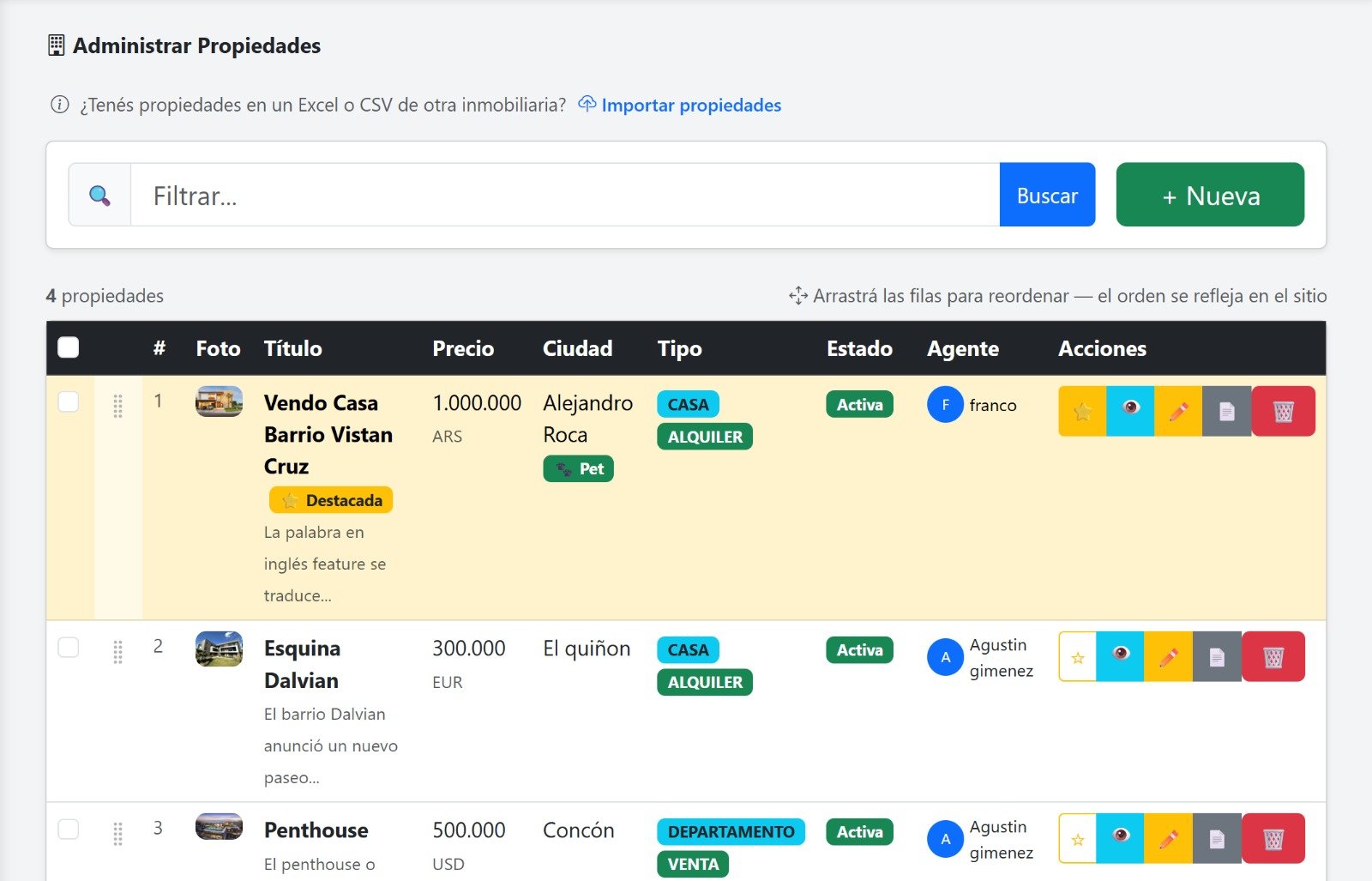 Administración de propiedades con tabla ordenable, importación desde Excel o CSV y acciones rápidas por cada propiedad