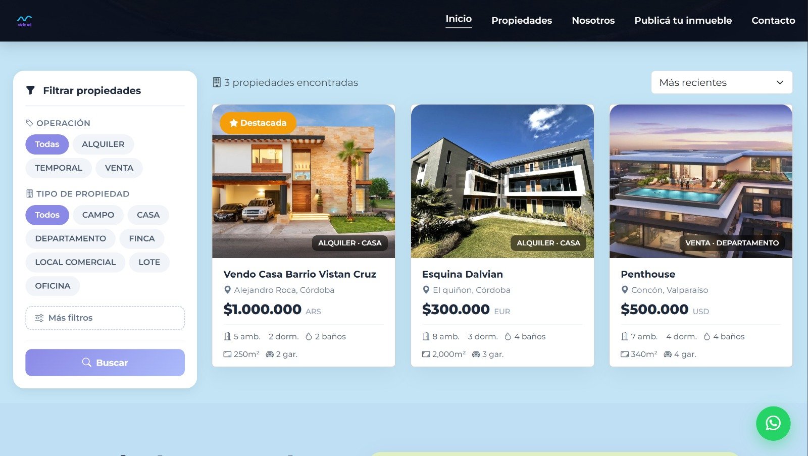 Listado de propiedades con filtros por operación y tipo, y tarjetas con precio, ambientes, dormitorios, baños y superficie